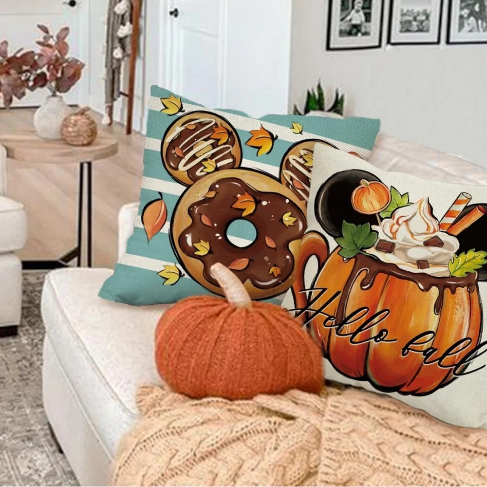 New 4pcs Fall Mickey Mouse Throw Pillow Covers Holiday Decor 18x18 Disney
